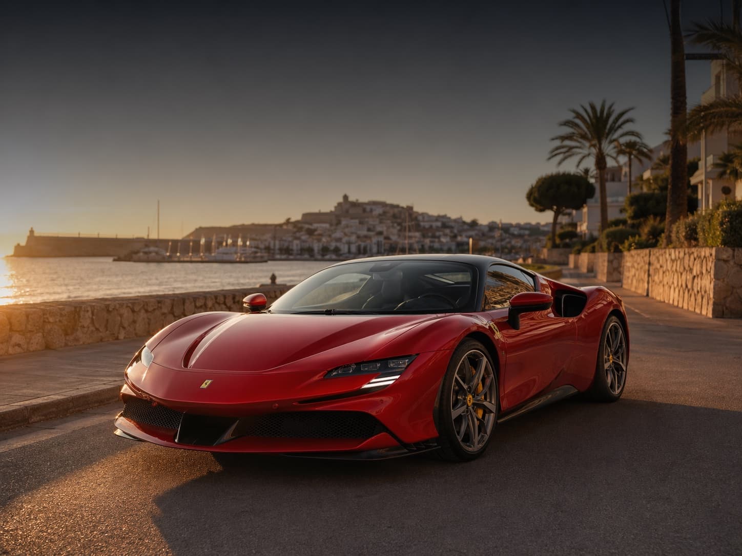 Ferrari SF90-style supercar on an Ibiza marina road