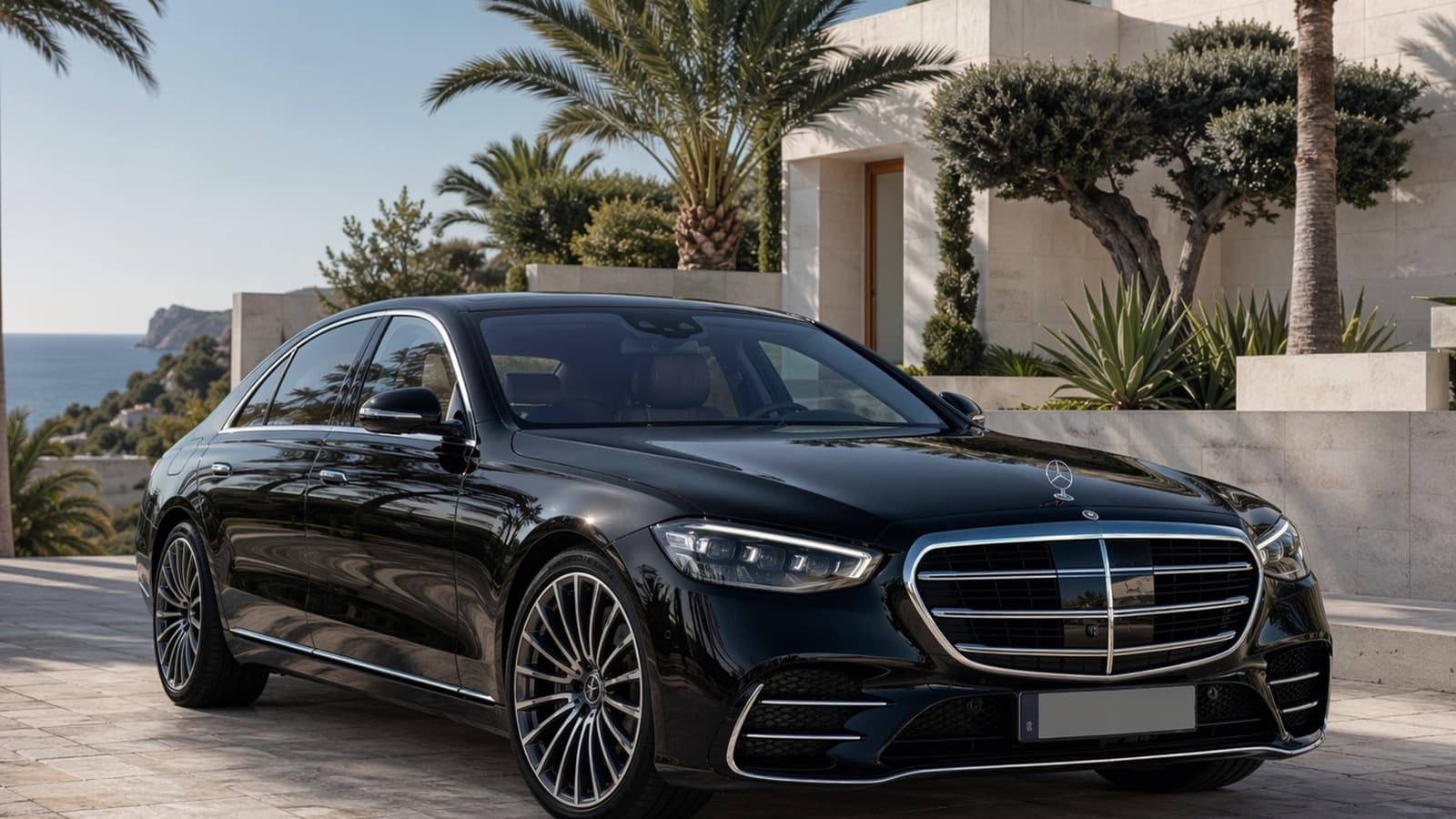 Black executive transfer car outside an Ibiza villa