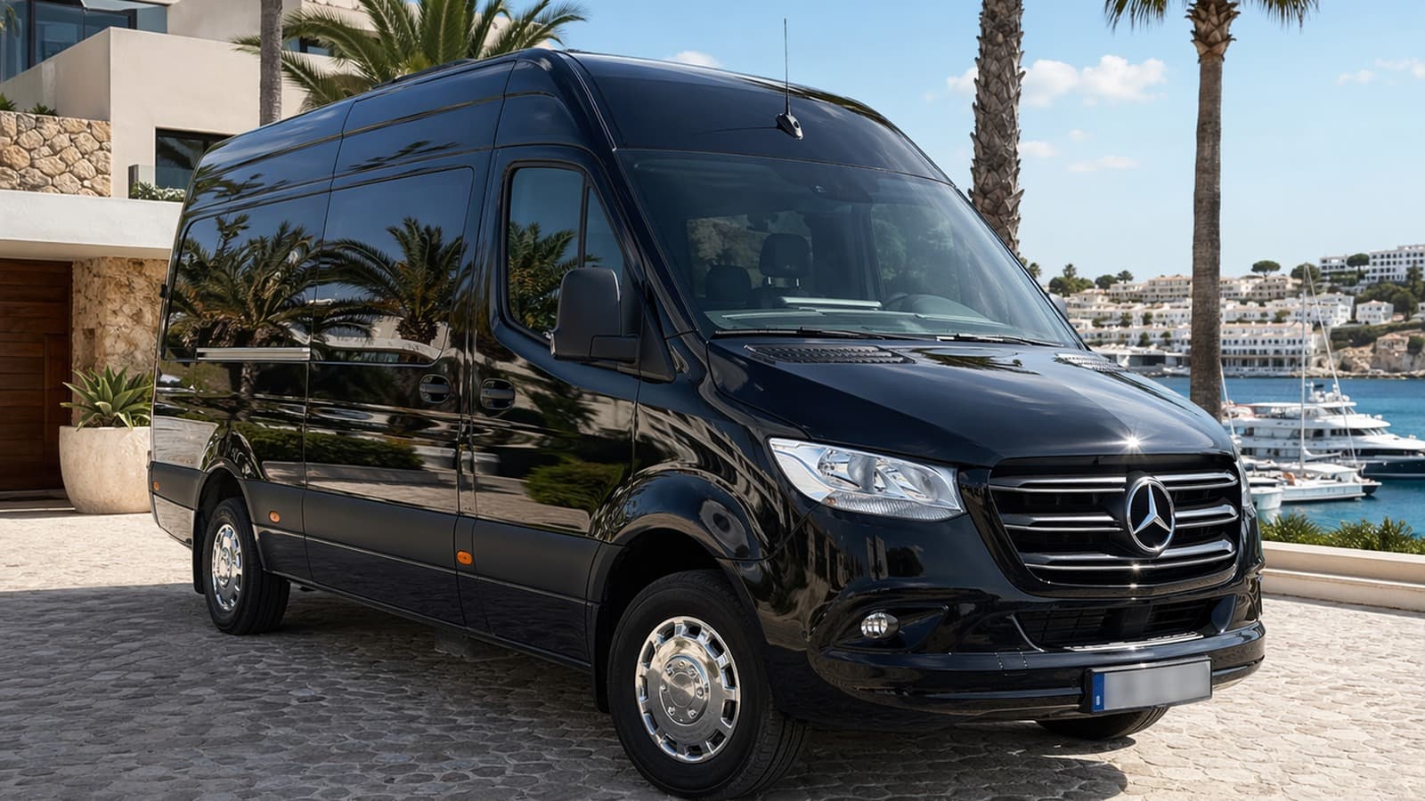 Private group transfer vehicle outside an Ibiza villa