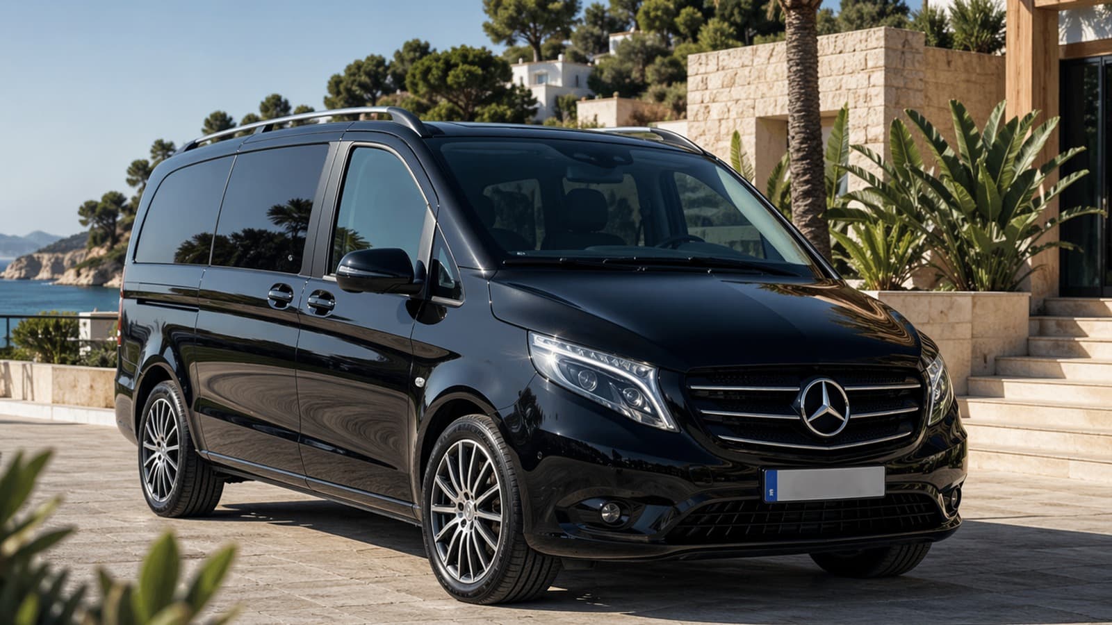Black premium group transfer vehicle outside an Ibiza villa