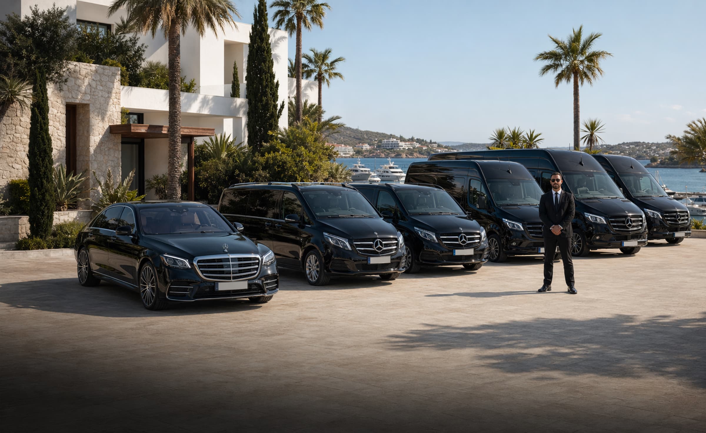 Private black transfer fleet lined up with a chauffeur outside an Ibiza villa